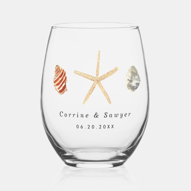 Watercolor Seashells Couples Name Wedding Favour Stemless Wine Glass (Front)