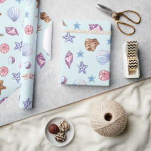 Watercolor Seashells Marine Life Light Blue Wrapping Paper