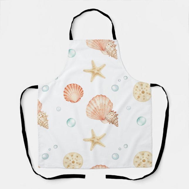 Watercolor Seashells Pearls Coastal Pattern Apron (Front)