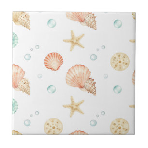 Watercolor Seashells Pearls Coastal Pattern Ceramic Tile