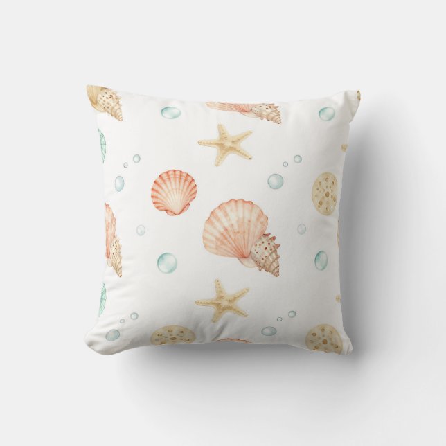Watercolor Seashells Pearls Coastal Pattern Cushion (Front)