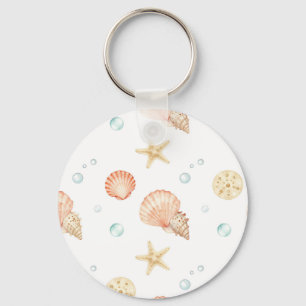 Watercolor Seashells Pearls Coastal Pattern Key Ring