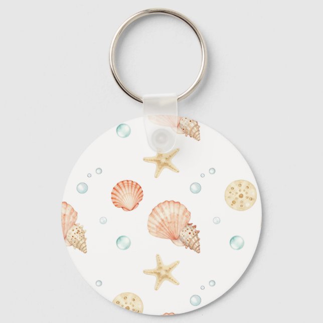 Watercolor Seashells Pearls Coastal Pattern Key Ring (Front)