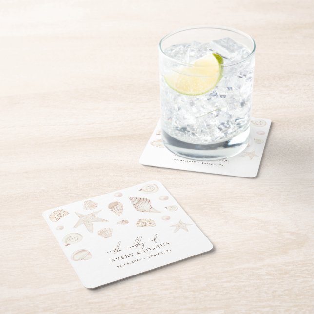 Watercolor Seashells Pearls Nautical Beach Wedding Square Paper Coaster (Insitu)