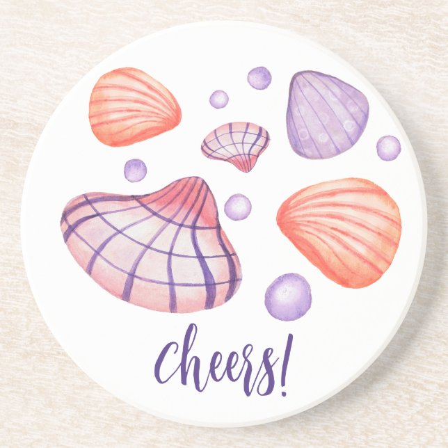 Watercolor Seashells Round Sandstone Coasters (Front)