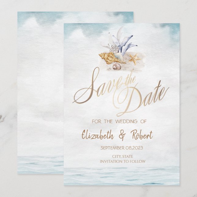 Watercolor Seashells,Sea Beach Save The Date (Front/Back)