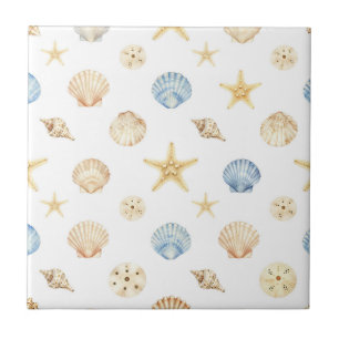 Watercolor Seashells Starfish Coastal Pattern Ceramic Tile