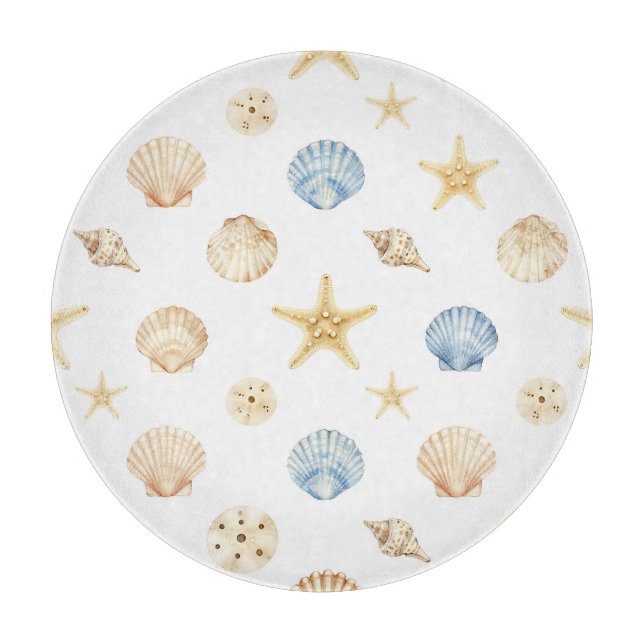 Watercolor Seashells Starfish Coastal Pattern Cutting Board (Front)