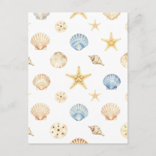 Watercolor Seashells Starfish Coastal Pattern Postcard