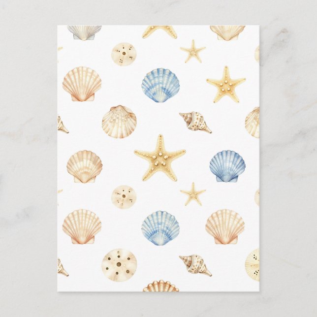 Watercolor Seashells Starfish Coastal Pattern Postcard (Front)