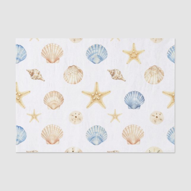 Watercolor Seashells Starfish Coastal Pattern Tissue Paper (Front)