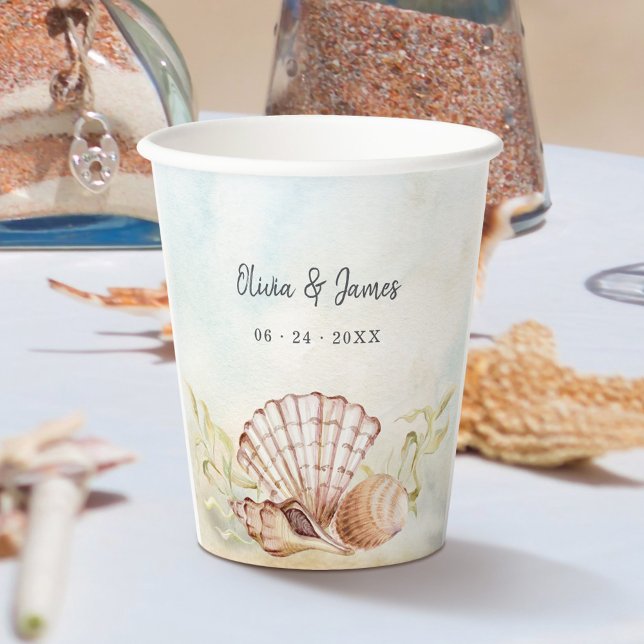 Watercolor Seashells Tropical Beach Wedding Paper Cups (Creator Uploaded)