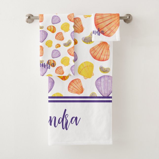 Watercolor Seashells with Name Bath Towel Set (Insitu)