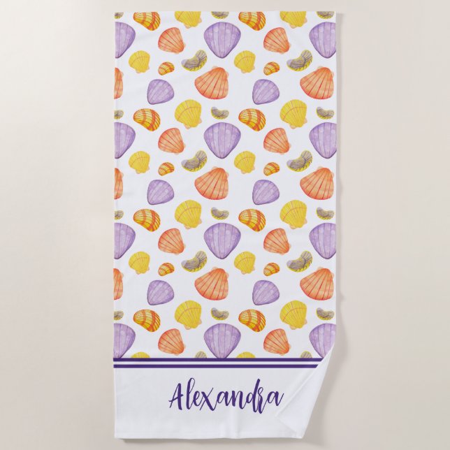 Watercolor Seashells with Name Beach Towel (Front)