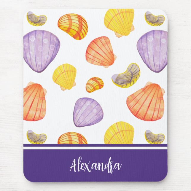 Watercolor Seashells with Name Mouse Pad (Front)