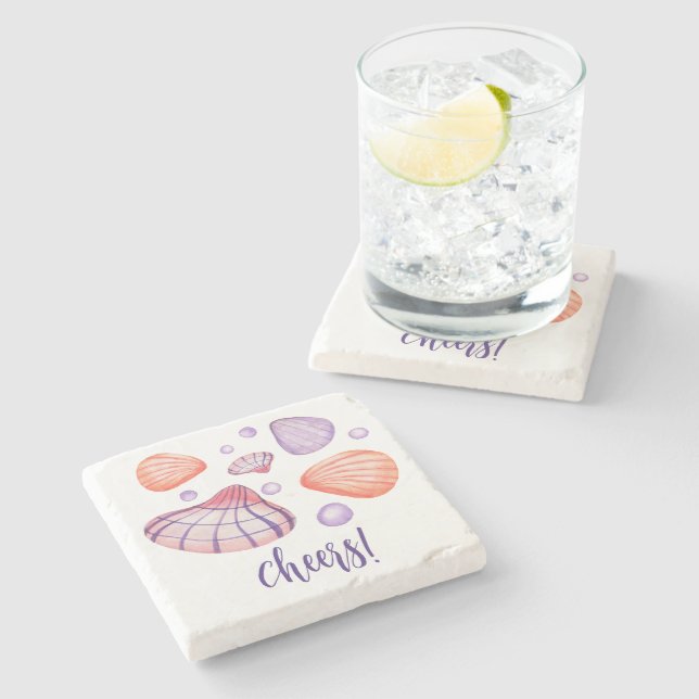 Watercolor Seashells with Text Stone Coasters (Side)
