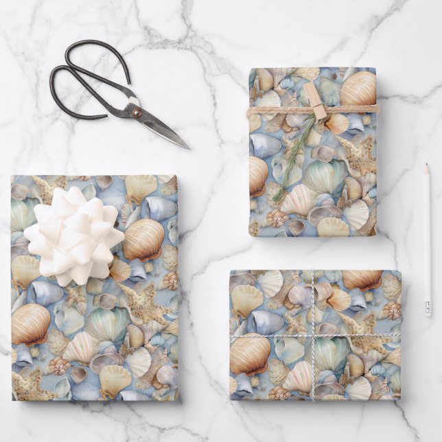 Watercolor Seashells Wrapping Paper Sheet (Front)