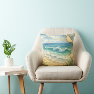 Watercolor Seashore and Sailboat Cushion