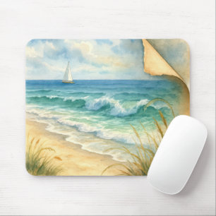 Watercolor Seashore and Sailboat Mouse Pad