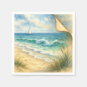 Watercolor Seashore and Sailboat Napkin