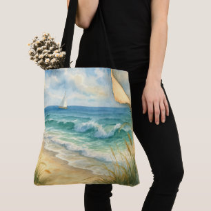 Watercolor Seashore and Sailboat Tote Bag