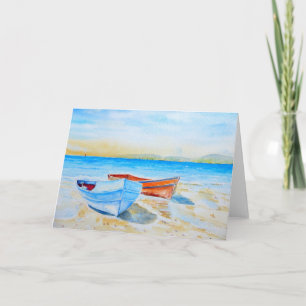 Watercolor Seaside Boat Landscape Greeting Card