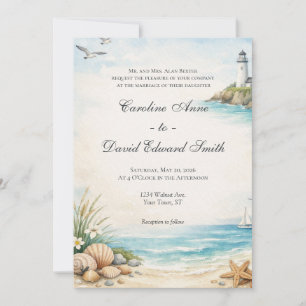 Watercolor Seaside Coastal Beach Ocean Wedding Invitation
