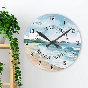 Watercolor Seaside Family Beach House Nautical Round Clock