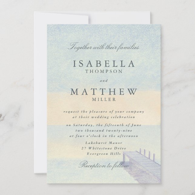 Watercolor Seaside Pier Wedding Invitation (Front)