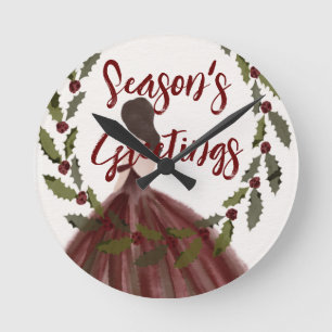Watercolor Season's Greetings  Round Clock