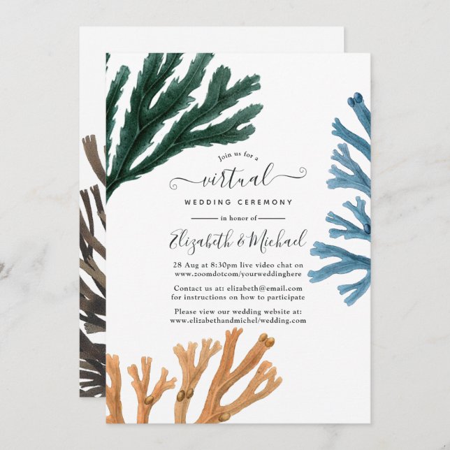 Watercolor Seaweed Beach Online Virtual Wedding Invitation (Front/Back)