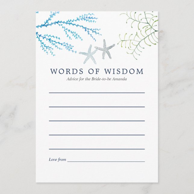 Watercolor Seaweed Beach Themed Bridal Advice Card (Front)