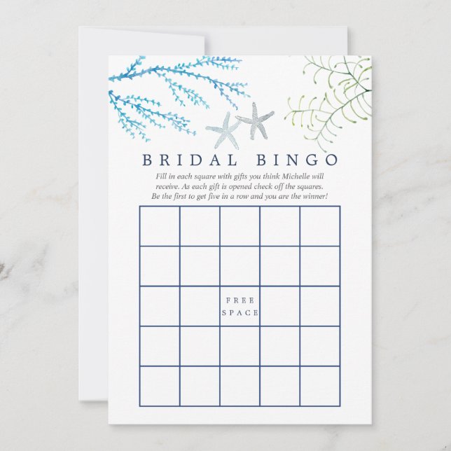 Watercolor Seaweed Beach Themed Bridal Bingo (Front)