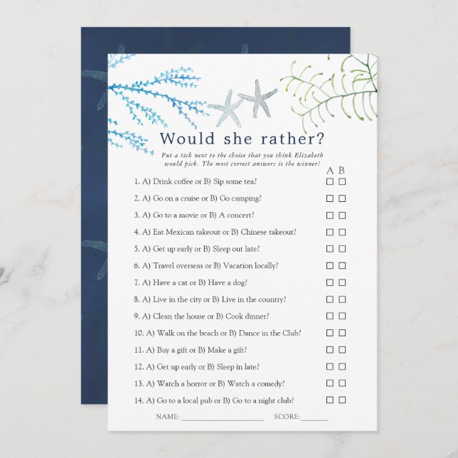 Watercolor Seaweed Beach Themed Bridal Game (Front/Back)