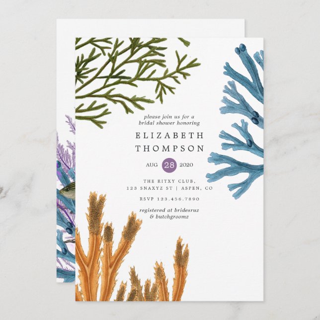 Watercolor Seaweed Beach Themed Bridal Shower Invitation (Front/Back)