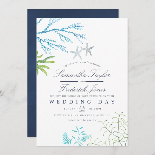 Watercolor Seaweed Beach Themed Wedding Invitation (Front/Back)