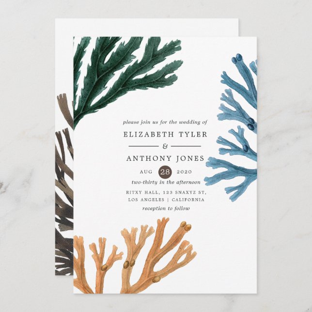 Watercolor Seaweed Beach Themed Wedding Invitation (Front/Back)