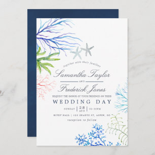 Watercolor Seaweed Beach Themed Wedding Invitation