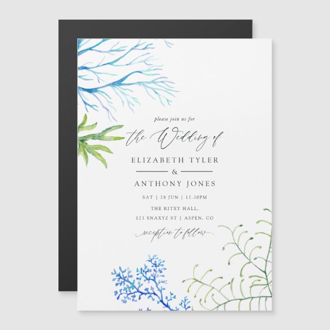 Watercolor Seaweed Beach Themed Wedding Magnetic Invitation (Front/Back)