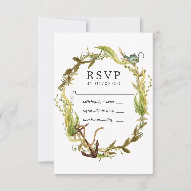 Watercolor Seaweed Beach Themed Wedding RSVP Card (Front)