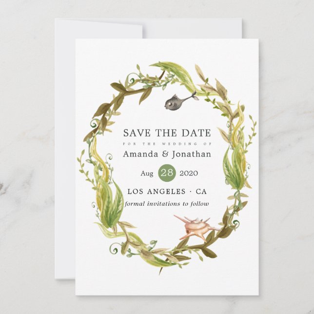 Watercolor Seaweed Beach Themed Wedding Save The Date (Front)