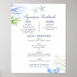 Watercolor Seaweed Beach Wedding Cocktails Menu Poster