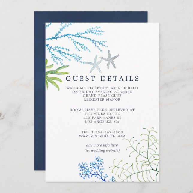 Watercolor Seaweed Beach Wedding Guest Details Invitation (Front/Back)