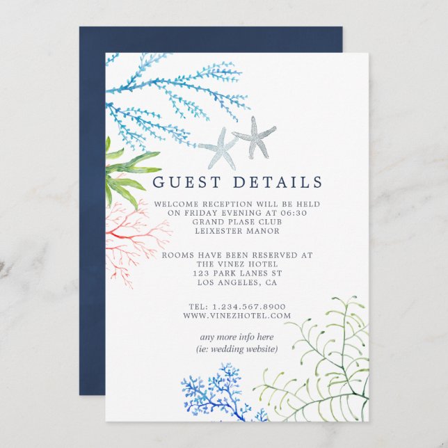 Watercolor Seaweed Beach Wedding Guest Details Invitation (Front/Back)