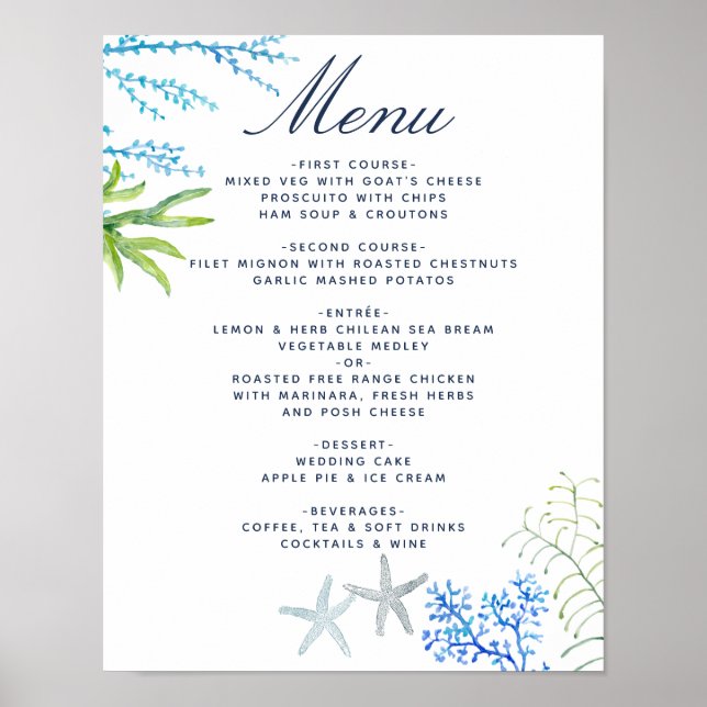 Watercolor Seaweed Beach Wedding Menu Poster (Front)