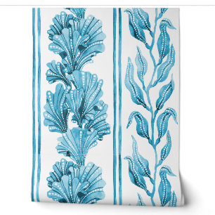 Watercolor Seaweed Coral Stripe Cerulean Blue Wallpaper