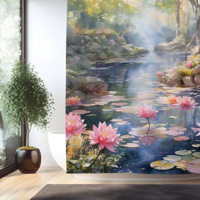 Watercolor Secret Garden Pond Shower Curtain (Creator Uploaded)