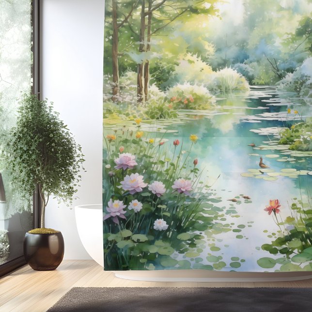 Watercolor Secret Garden Pond Shower Curtain (Creator Uploaded)
