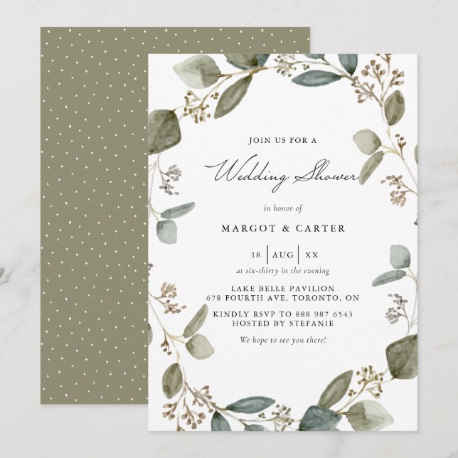 Watercolor Seeded Eucalyptus Wreath Wedding Shower Invitation (Front/Back)