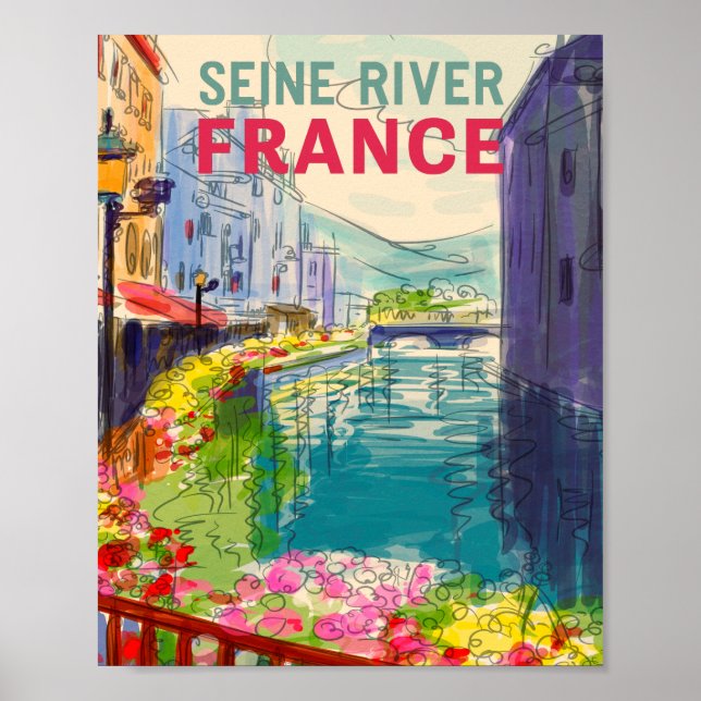 Watercolor Seine River France Travel Poster (Front)